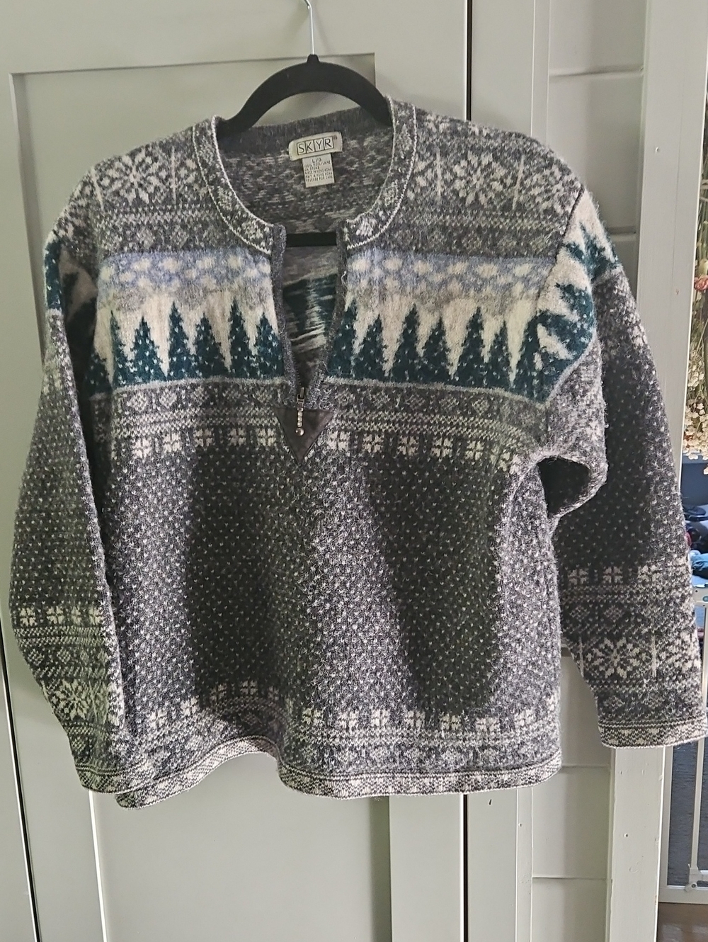 Vintage Gray Zip-Up Fair Isle Forest Sweater with Teal Accents SzL Ptp 22 L23